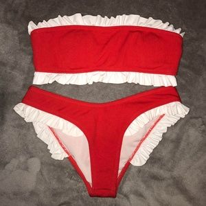 Red + White Ruffle Bandeau Bikini